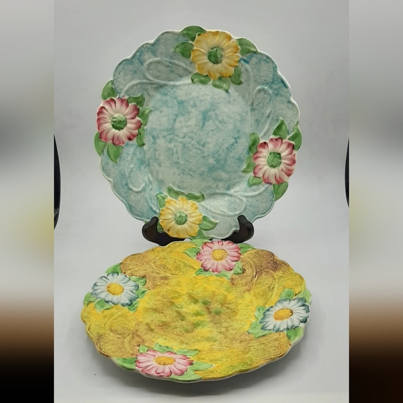 Vintage James Kent Ltd Fenton Majolica Floral Plate Made England Blue & Yellow - Picture 1 of 9